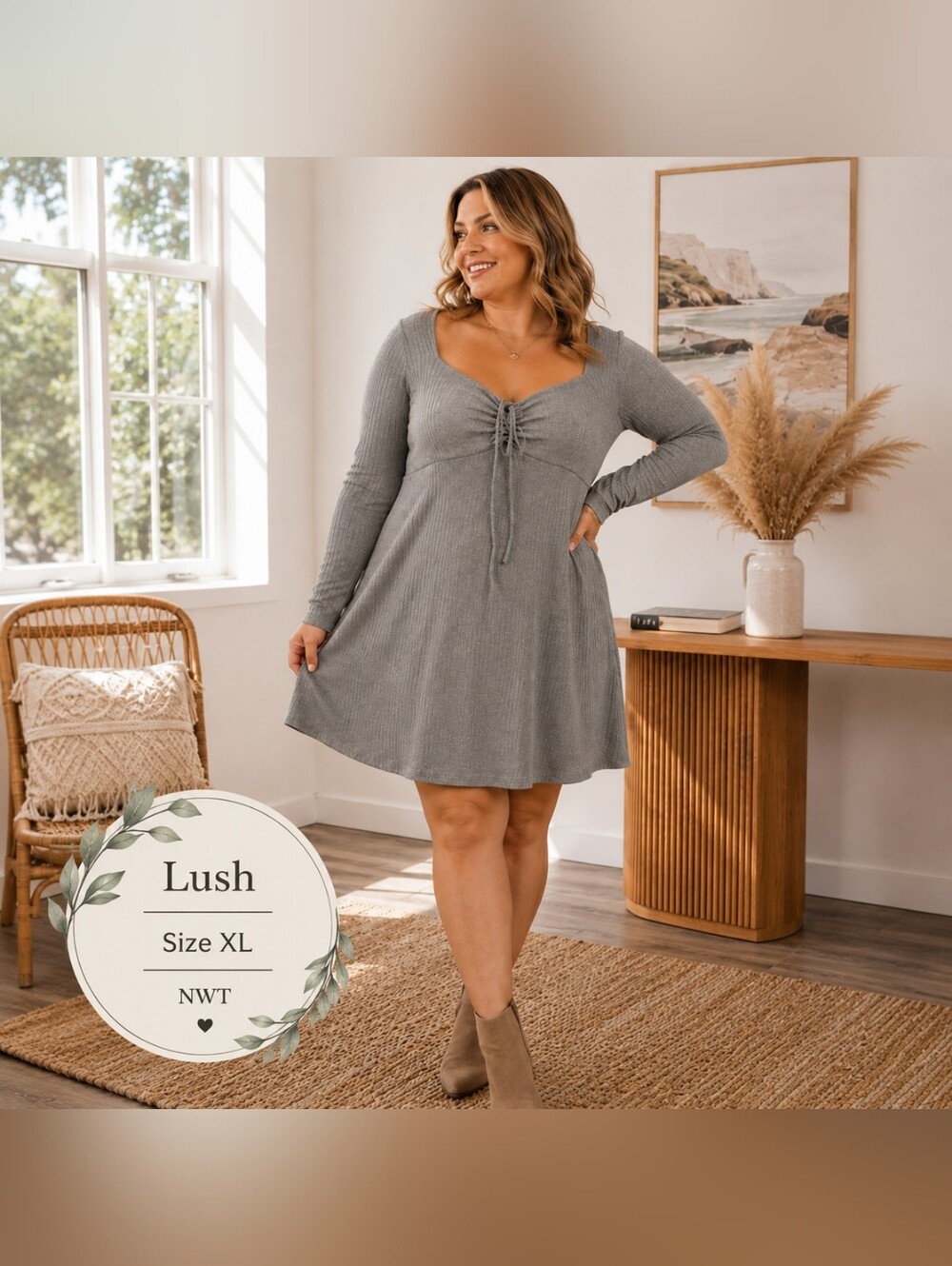 Lush NWT Gray Ribbed Knit Fit & Flare Dress Size XL